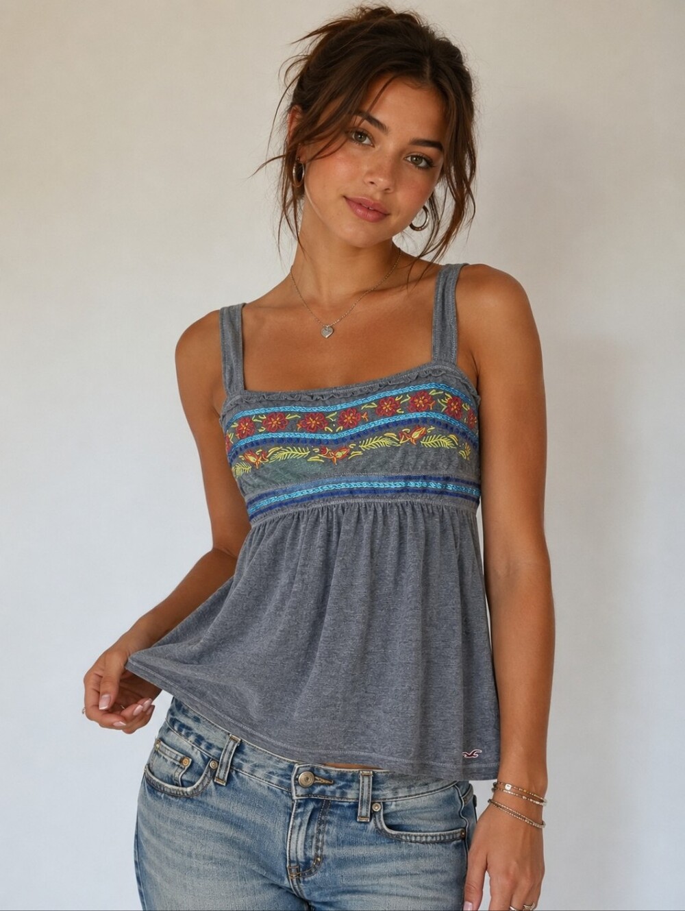 Y2K Hollister Babydoll Floral Tank Top Gray Medium